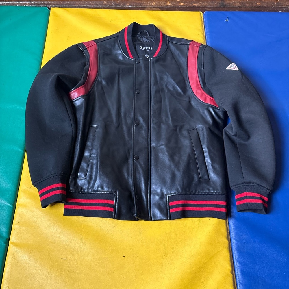 GUESS Black Leather Varsity Jacket with Red Accents